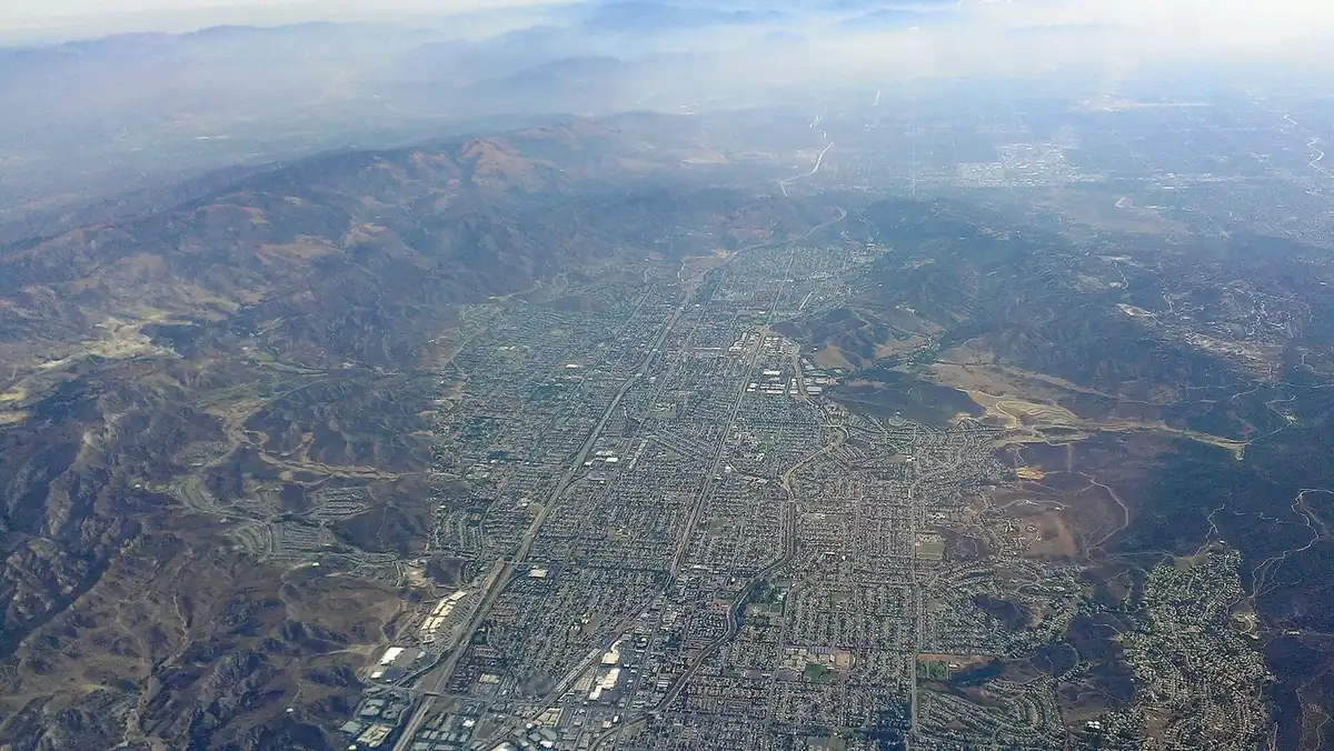 aerial view west across Simi Valley toward the mountains