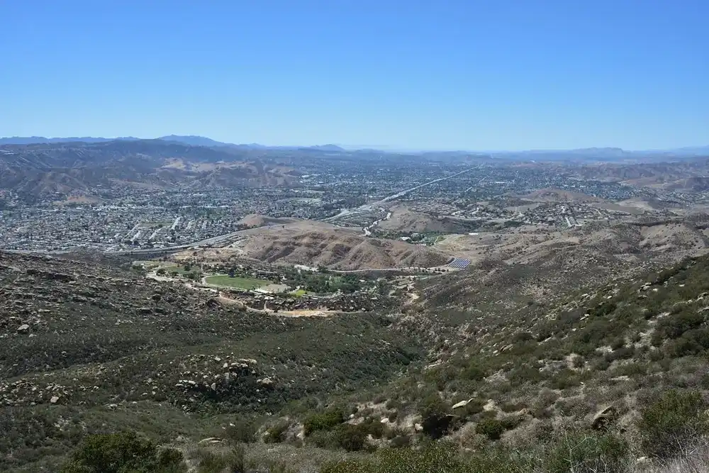Simi Valley seen from the Rocky Peak trail, homes spread across the valley floor below the hills